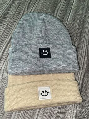 COPY - Gray and Cream Knit Beanie with Smiley Patches 2pack